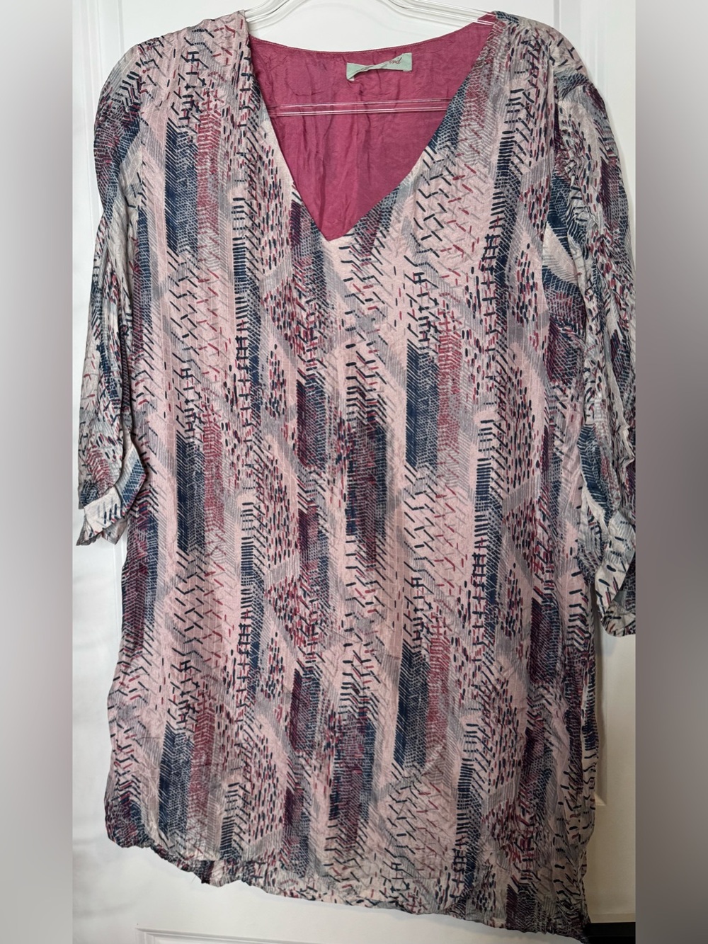 Geren Ford Pink Navy Abstract V-Neck Tunic 100% silk sz XL pastel